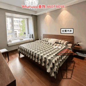 BD142 飾面胡桃木色 加厚橡膠實木床架 Solid Wood Bed Frame 床頭板高80cm 床面30cm 升級龍骨立柱承托
