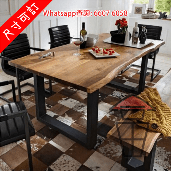 DT34 美式西部原始風實木枱 (松木) Solid Wood + Metal Frame Long Table [尺寸可訂]
