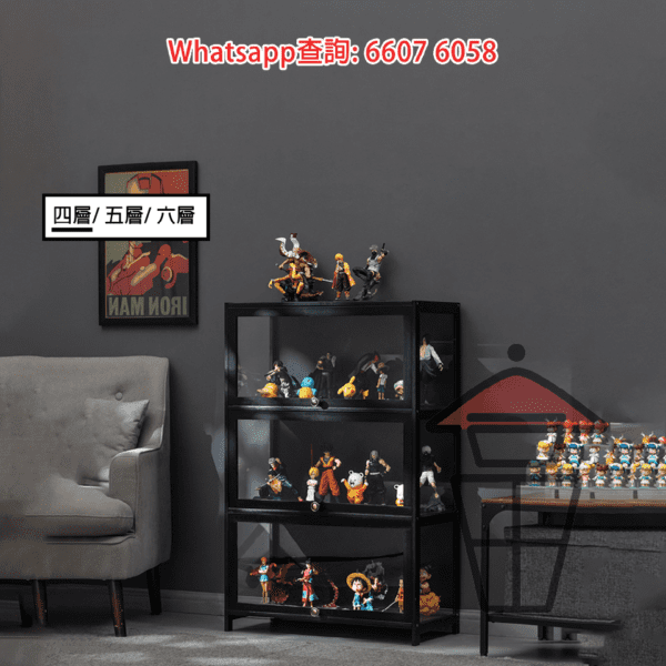 SR100 黑色明亮展示架(楠竹製品) (四至六層) 三面透明亞加力 3-side Transparent Acrylic Display Cabinet - Image 2