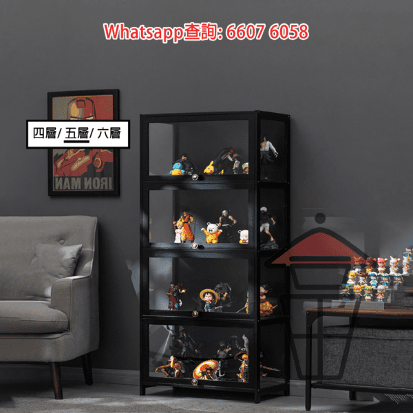 SR100 黑色明亮展示架(楠竹製品) (四至六層) 三面透明亞加力 3-side Transparent Acrylic Display Cabinet