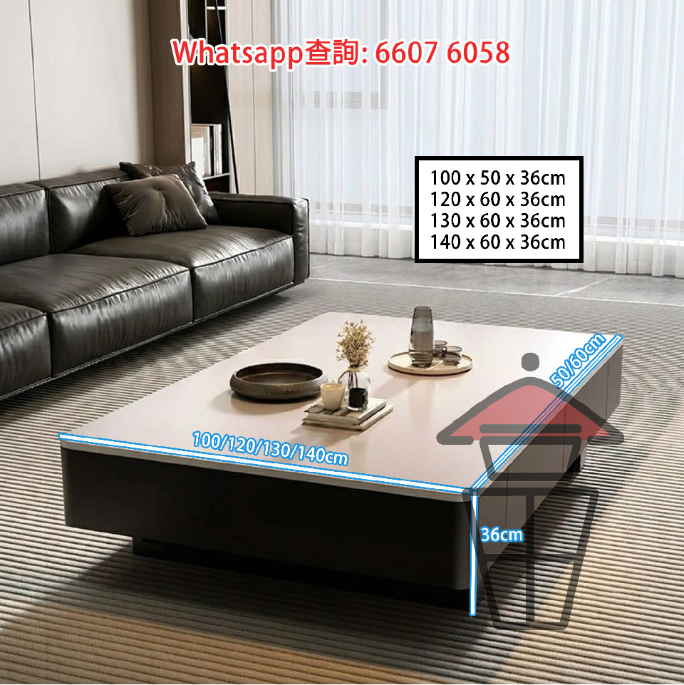 CT06 晶石面 [奶白] 長方形意式黑櫃咖啡枱 Crystal Stone Tabletop Italian Coffee Table 帶櫃桶